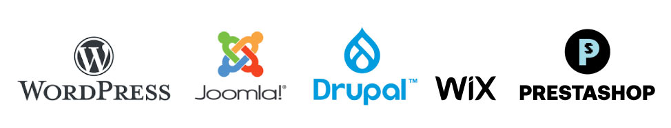 logos de WordPress, Joomla, Drupal, Wix et Prestashop