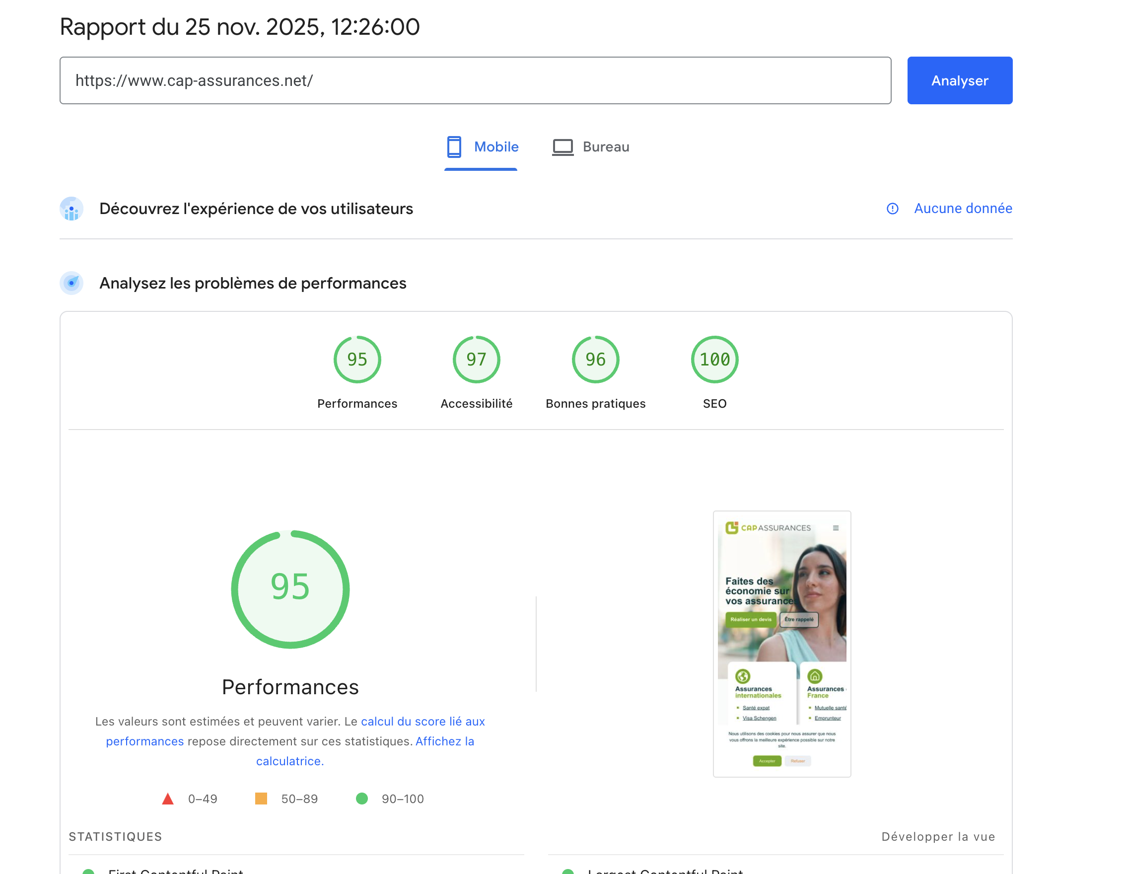 capture d'écran de Lighthouse après la refonte de cap-assurances.net, les performances atteignent ces niveaux
