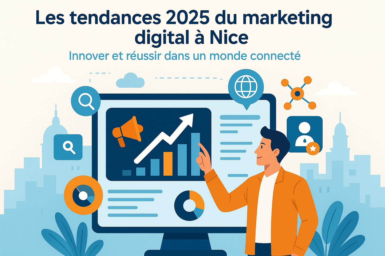 Illustration représentant les tendances du marketing digital à Nice en 2025, avec un professionnel analysant des données et des icônes symbolisant l’innovation et la connectivité.