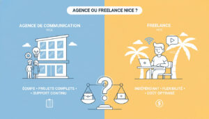 Scène illustrant le choix entre une agence de communication et un freelance.