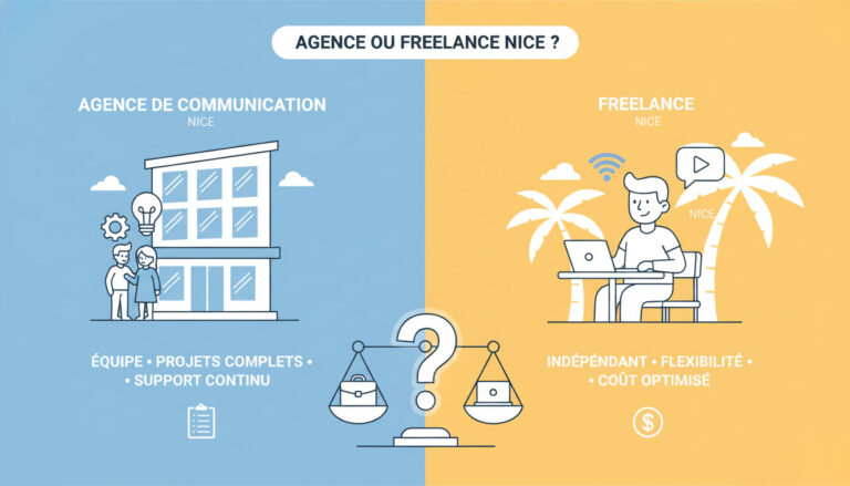 Scène illustrant le choix entre une agence de communication et un freelance.