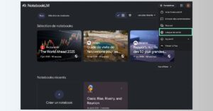 Image montrant l’interface de NotebookLM sur fond sombre avec un panneau de synthèse en plusieurs langues.