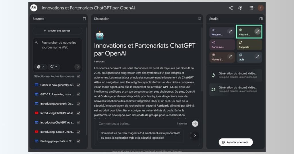 Image présentant l’interface de NotebookLM lors de la création d’une vidéo de synthèse.