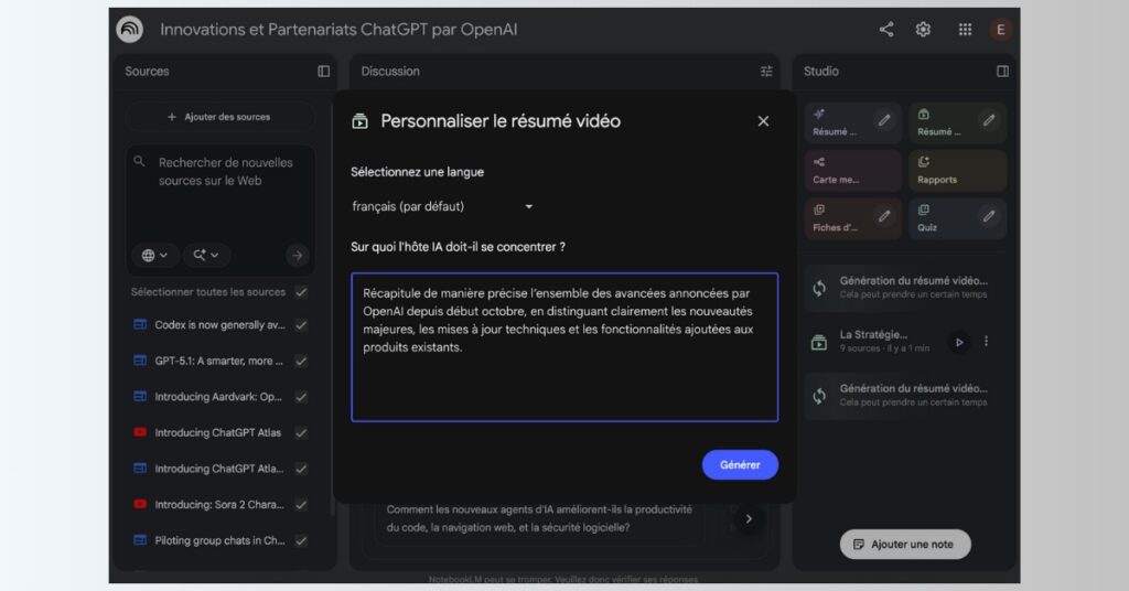 Capture d’écran de l’interface NotebookLM affichant un résumé vidéo généré à partir de plusieurs sources