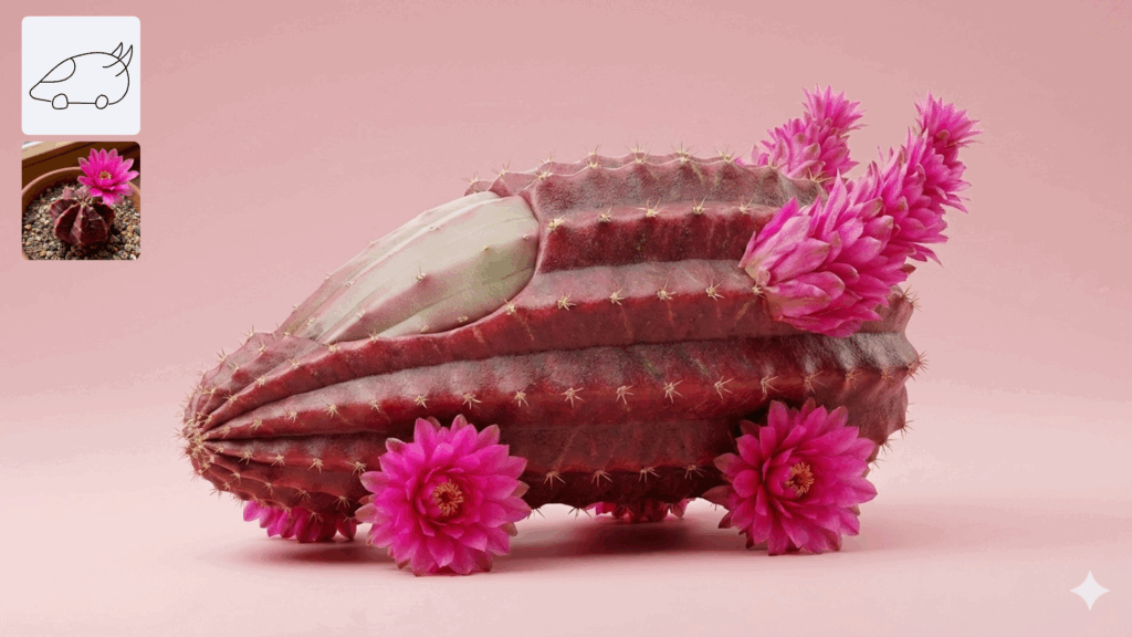 Dessin d’une voiture ailée fusionnée avec un cactus, créé grâce à Nano Banana Pro.