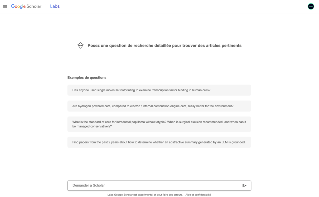 Image présentant l’interface d’un moteur de recherche académique, avec une barre de recherche en haut et des résultats affichés sous forme de liste. On y voit des titres d’articles scientifiques, des filtres de tri sur la gauche et un aperçu du contenu au centre, montrant comment trouver des sources fiables dans un domaine précis.