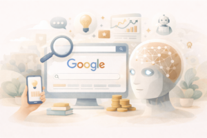 Illustration représentant Google intégrant l’intelligence artificielle dans son moteur de recherche, avec une interface conversationnelle et des éléments visuels liés à l’IA.