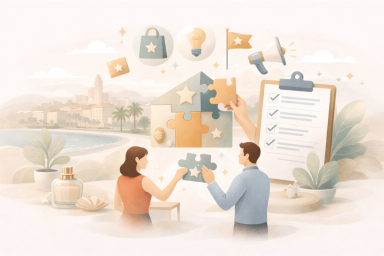 Illustration représentant la construction d’une marque à Nice, avec des éléments de stratégie, d’identité visuelle et de développement local sur la Côte d’Azur.