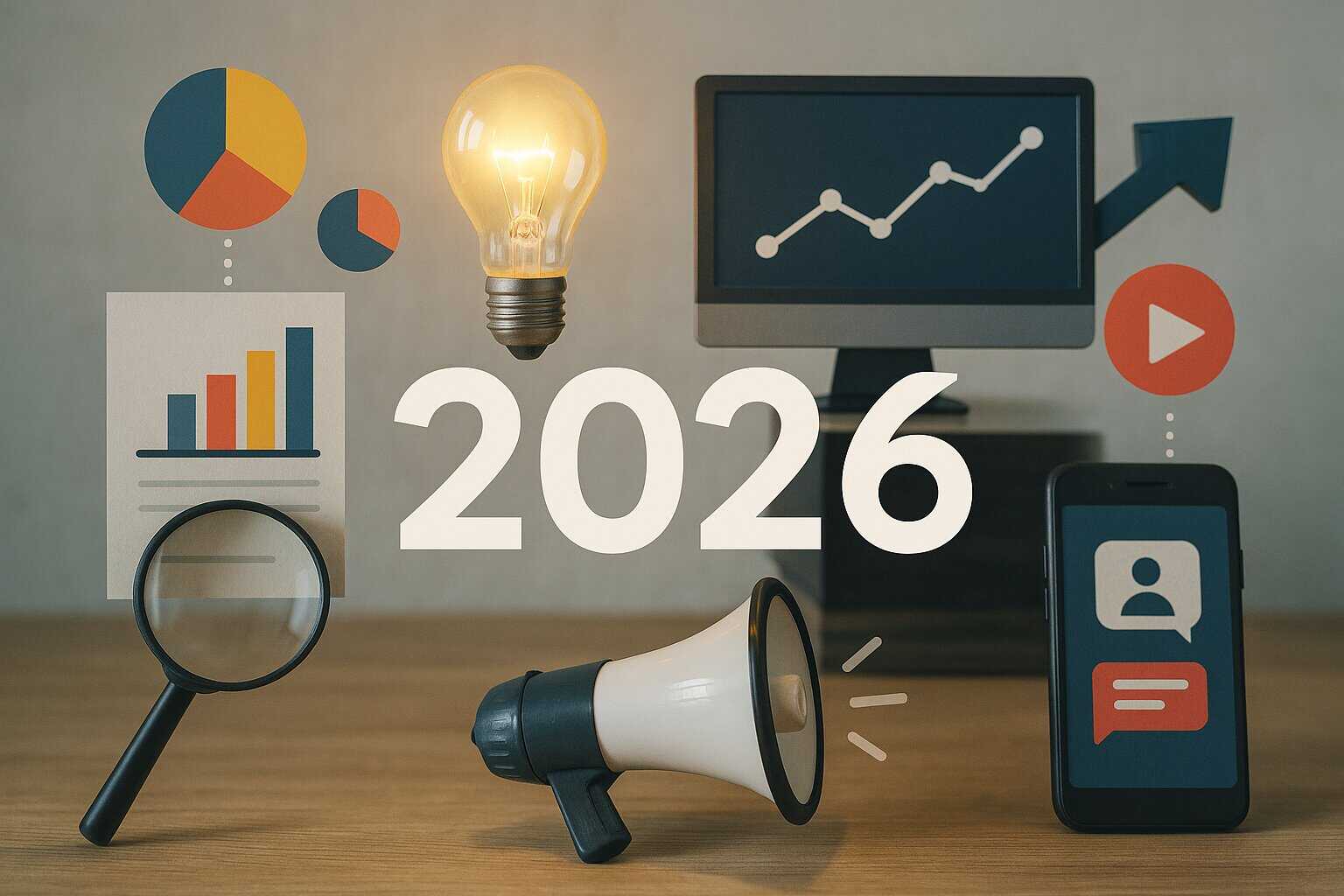 Illustration des tendances digitales 2026 avec icônes représentant l’intelligence artificielle, les données, le marketing numérique et l’analyse de performance.