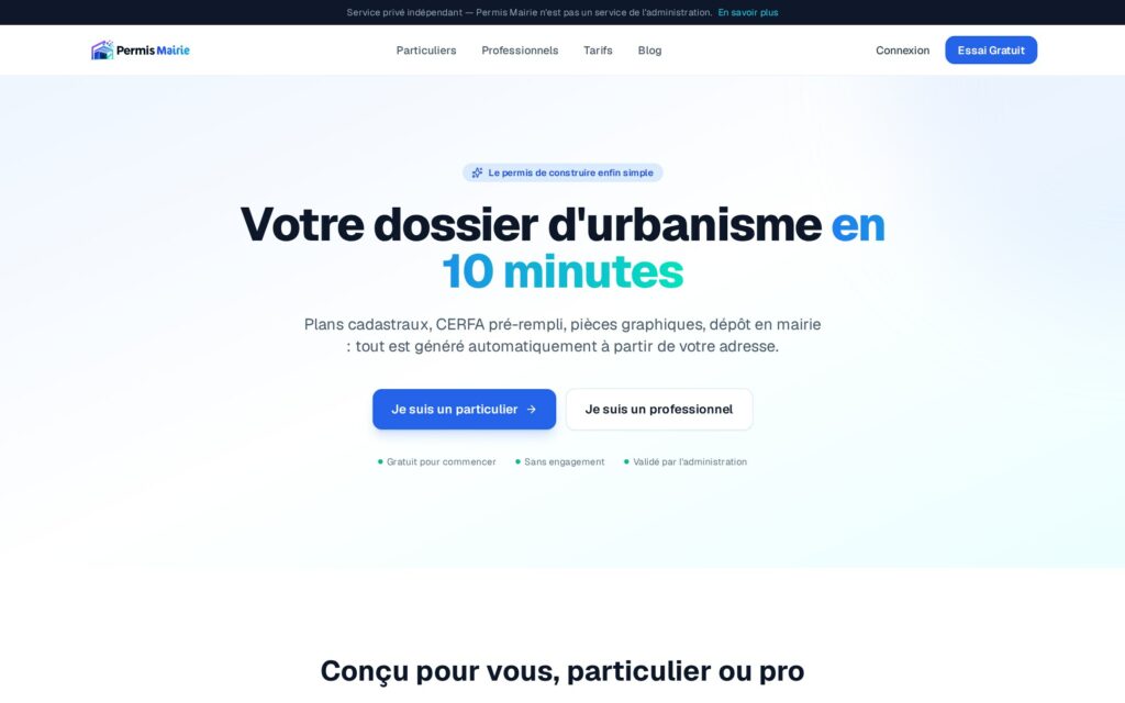 Capture de l'application permismairie.com — dossier d'urbanisme automatisé par IA