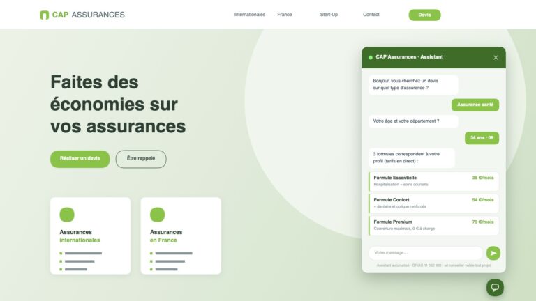 Chatbot IA du site Cap Assurances : il qualifie le visiteur et affiche en direct les formules et tarifs issus des API assureurs