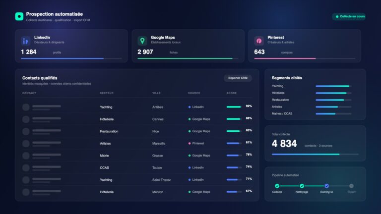 Console de prospection automatisée : collecte LinkedIn, Google Maps et Pinterest, scoring IA et export CRM, identités masquées